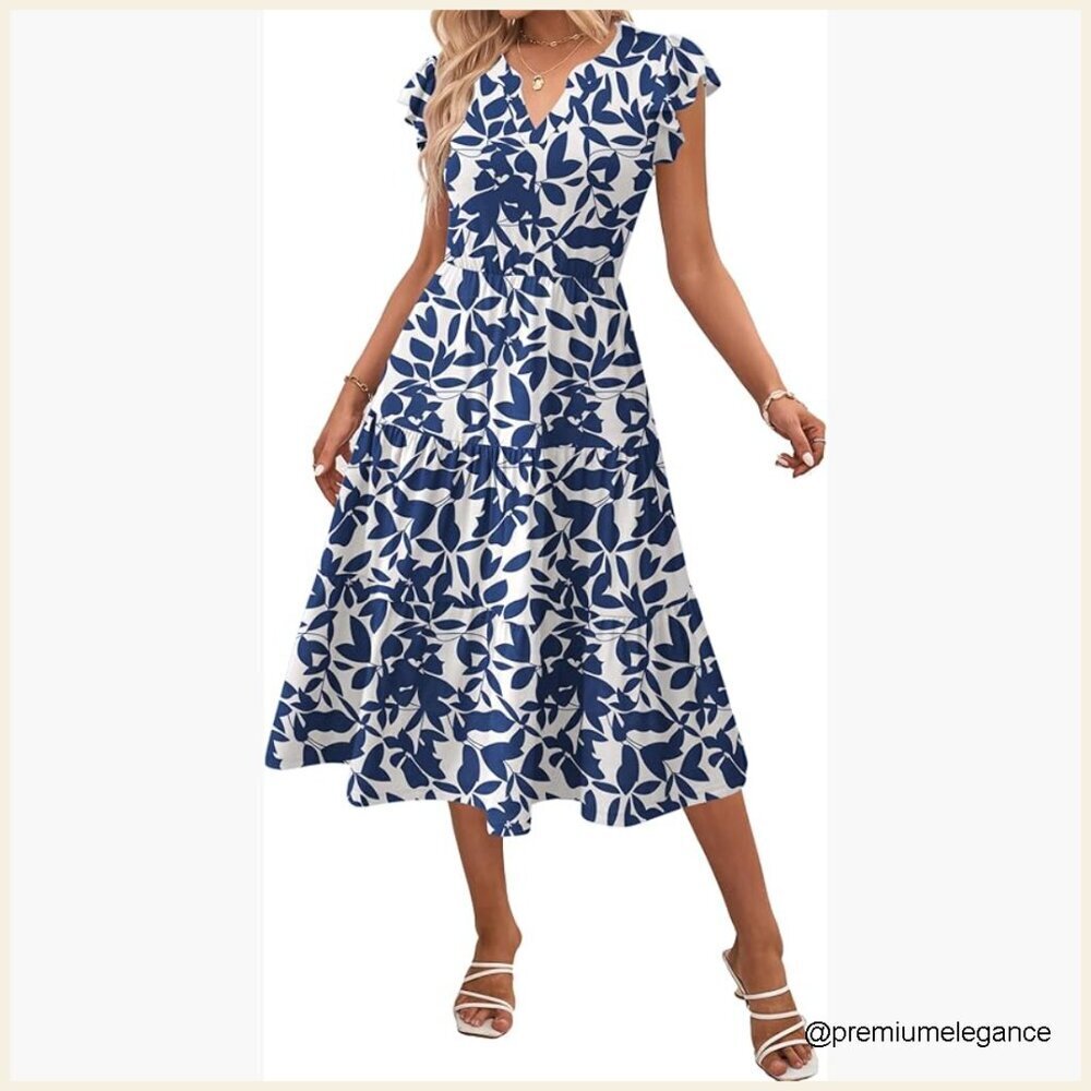 Loose Fit Midi Dress with Pockets, V-Neck, Ruffle Sleeves, Summer Casual